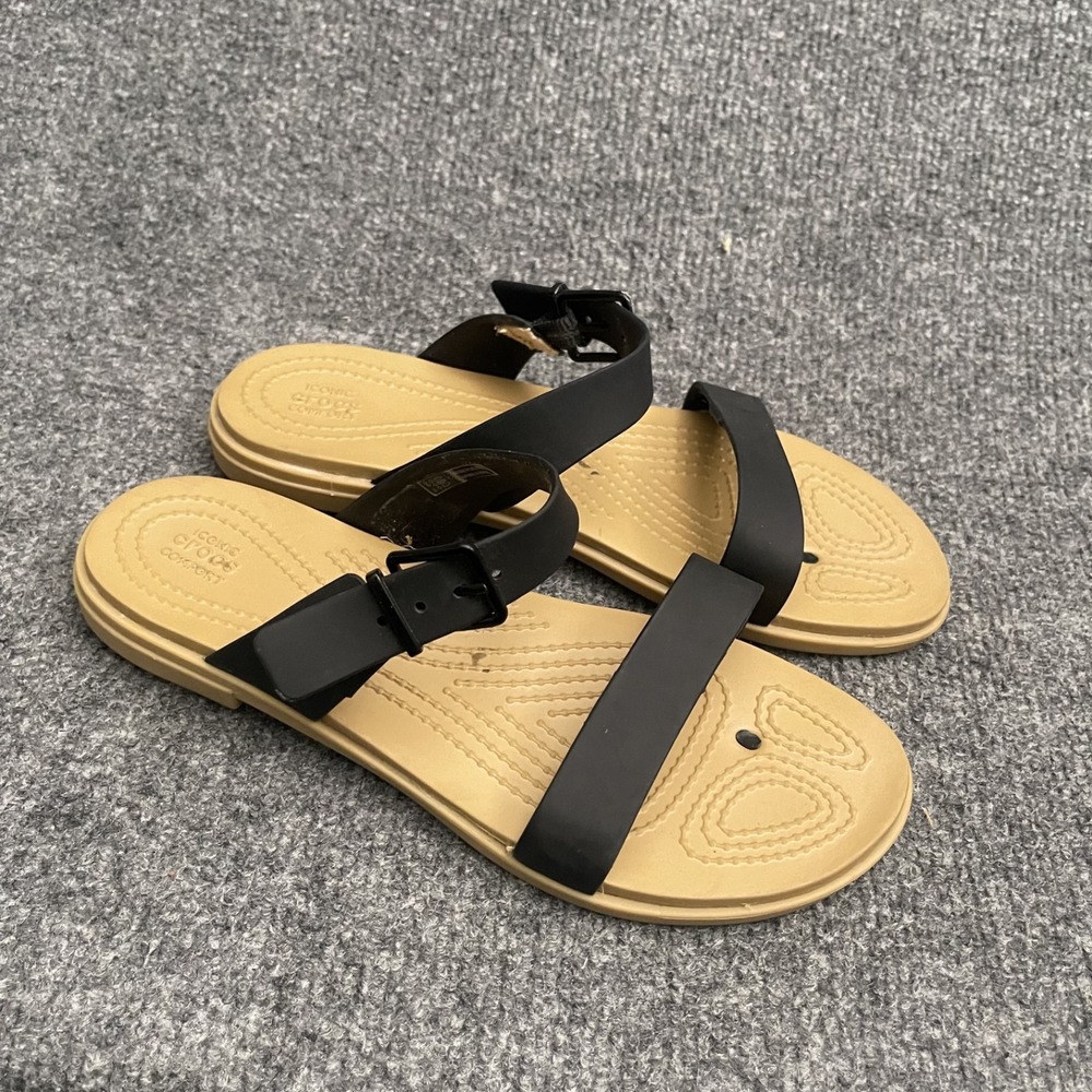 Crocs Tulum Toe Post Sandals Womens Sz 7 Black Tan Flat Strappy Comfort